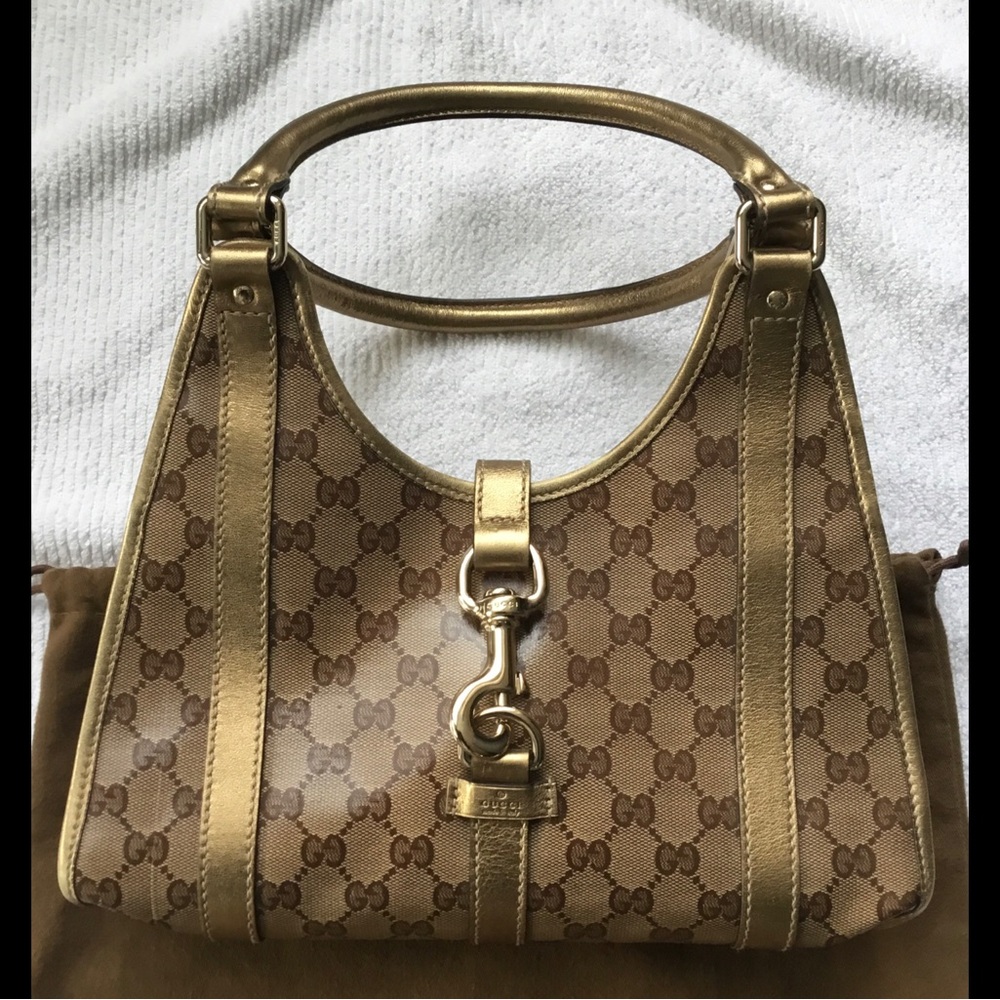 Gucci Brown GG Monogram Shoulder Bag with Gold Trim